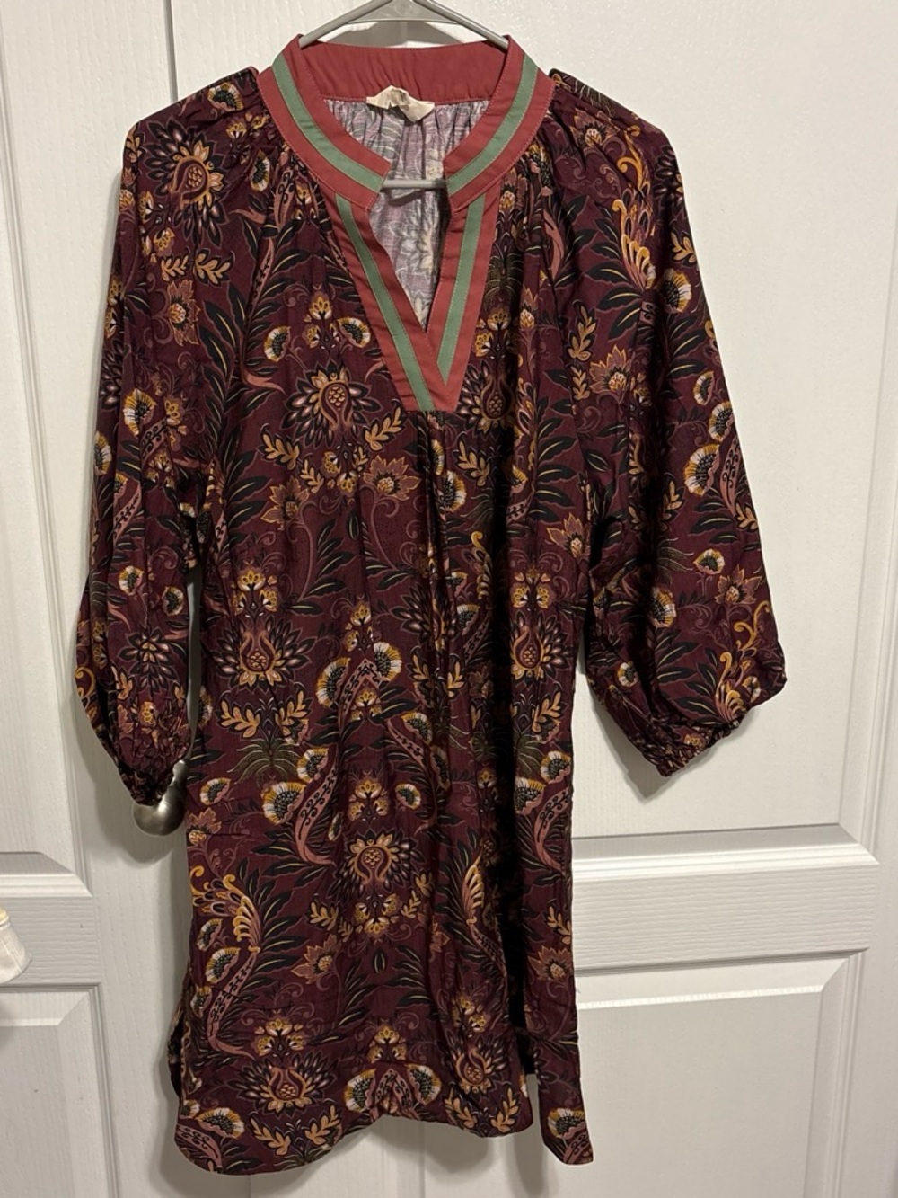 Umgee Burgundy Floral Mini Dress with Striped V-Neck